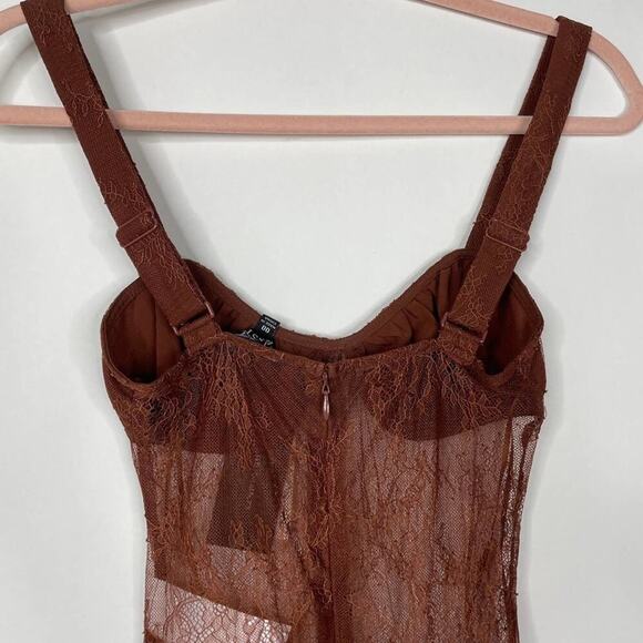 2/$30 NWT Danielle Bernstein Lace Illusion Thong Bodysuit 00 Warm Brown Mesh - Picture 9 of 14